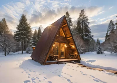 A-frame house exterior view winter