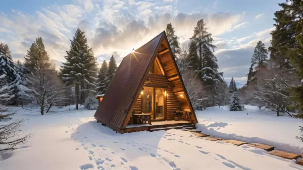 A-frame house exterior view winter